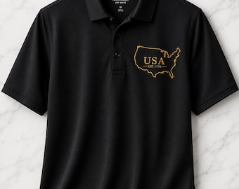 Premium VS geborduurd poloshirt | Gouden kaartoverzicht VS | EST. 1776 Patriottische golfpolo | American Heritage Performance-polo
