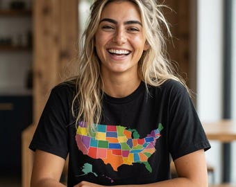 USA kaart shirt kleurrijke staten, comfortkleuren 1717 premium T-shirt, Verenigde Staten grafisch T-shirt, shirt patriottisch Amerika, VS reiscadeau