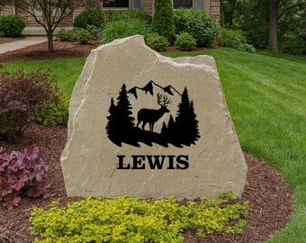 Mule Deer Wildlife Yard Stone – Engraved Custom Name or Address for Rustic Properties, Personalized Engraved Yard Stone Sign for Garden
