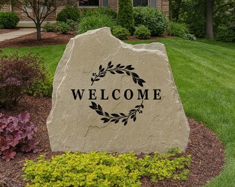 Welcome Elegant Leaves Stone – Engraved Outdoor Decorative Yard Accent, Personalized Engraved Yard Stone Sign for Garden, Porch, Home Decor