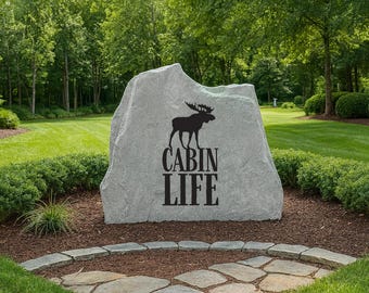 Cabin Life Moose Engraved Stone – Rustic Outdoor Lodge Décor, Personalized Engraved Yard Stone Sign for Garden, Porch, Home Decor & Outdoor