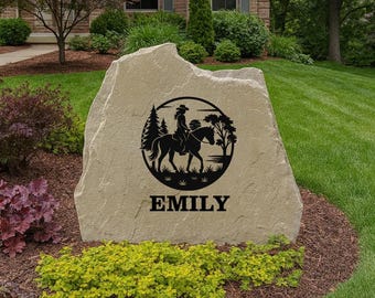 Cowgirl Scene Engraved Stone – Western Yard Decor, Personalized Ranch Entrance Sign, Outdoor Monument with Monument Paint Engraving