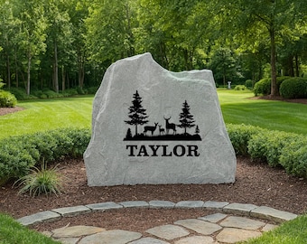 Deer Tree Scene Name or Address Stone – Custom Engraved Outdoor Rock, Personalized Engraved Yard Stone Sign for Garden, Porch, Home Decor &