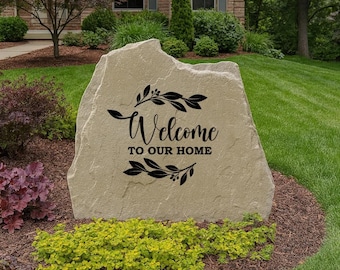 Welcome Leaves And Berries Stones – Outdoor Welcome Rock, Personalized Engraved Yard Stone Sign for Garden, Porch, Home Decor & Outdoor Gift