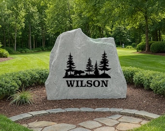 Bear Forest Yard Stone – Engraved Custom Name or Address for Lodge or Cabin, Personalized Engraved Yard Stone Sign for Garden, Porch, Home