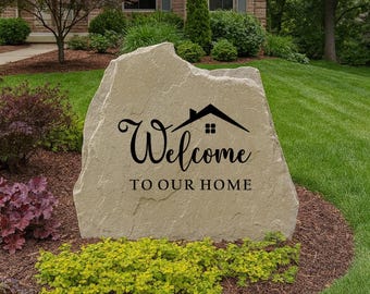 Welcome to Our Home Stone with House – Engraved Outdoor Yard Décor, Personalized Engraved Yard Stone Sign for Garden, Porch, Home Decor &