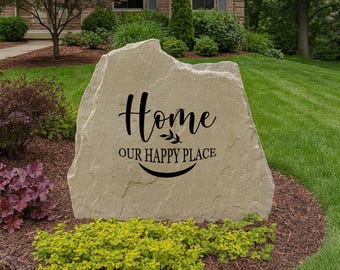 Home – Our Happy Place Decorative Yard Stone, Personalized Engraved Yard Stone Sign for Garden, Porch, Home Decor & Outdoor Gift