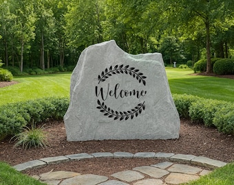 Welcome Leaf Circle Yard Stone – Elegant Outdoor Welcome Decor, Personalized Engraved Yard Stone Sign for Garden, Porch, Home Decor &