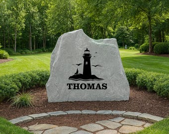 Nautical Lighthouse Yard Stone – Engraved Personalized Name or Address Marker, Personalized Engraved Yard Stone Sign for Garden, Porch, Home