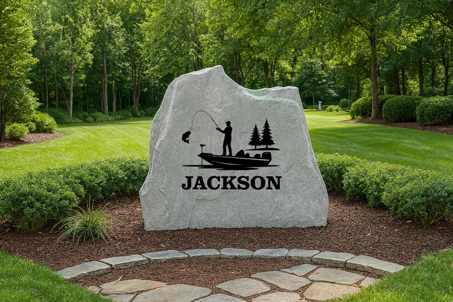 Engraved Fishing Scene Yard Stone - Personalized Name or Cabin Address Marker, Personalized Engraved Yard Stone Sign for Garden, Porch, Home