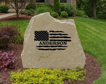 Patriotic USA Flag Yard Stone – Custom Engraved Name or Home Address Sign, Personalized Engraved Yard Stone Sign for Garden, Porch, Home