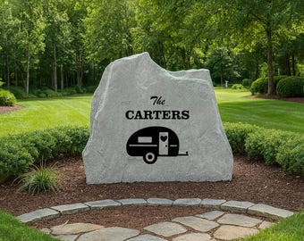 Camper Name Stone – Personalized RV Campsite Welcome Sign, Personalized Engraved Yard Stone Sign for Garden, Porch, Home Decor & Outdoor