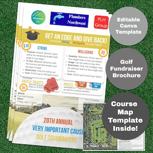 Könnte beinhalten: Golf-Fundraising-Broschüre mit grünem Hintergrund. Die Broschüre enthält Informationen zu String und Mulligans, Tombola-Tickets und Preisen. Sie enthält auch eine Vorlage für eine Golfplatzkarte und den Text "20th Annual Very Important Cause Golf Tournament."