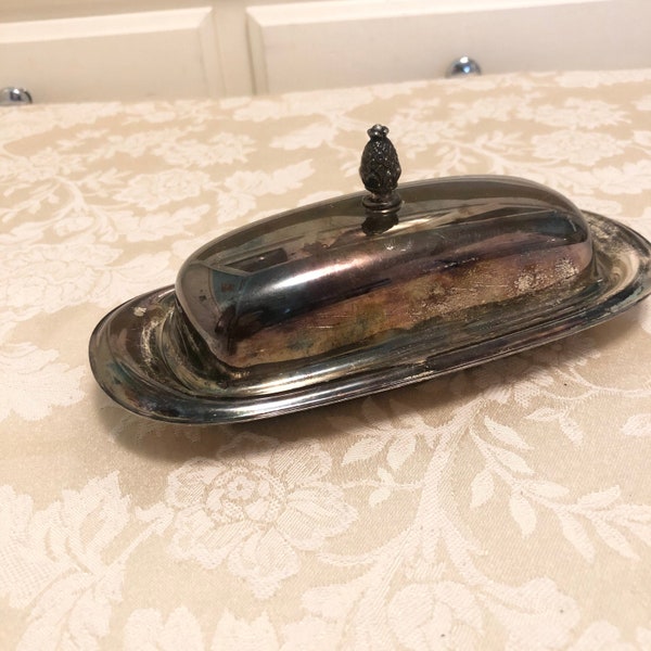 Vintage Silver Butter dish Metal Butter Dish Elegant Patterned With Pineapple Handle Metal Covered Lid Vintage