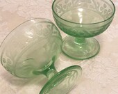 2 Desert Stemmed Serving Bowls Green Vaseline Dessert Bowls Bold Green Glass Bowls Really Glows Under UV Light Uranium Green Glass Goblets
