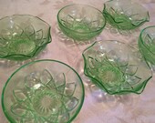 6 Green Vaseline Dessert Bowls Hazel Atlas Green Glass Bowls Really Glows Under UV Light Green Glass 30s 40s Crinoline And Circular Bowls
