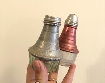 Antique Pink Aluminum And Green Clear Glass Salt And Pepper Mix Match Shaker Set Atomic Modern Kitchen 40s 50s Glass And Metal Shakers