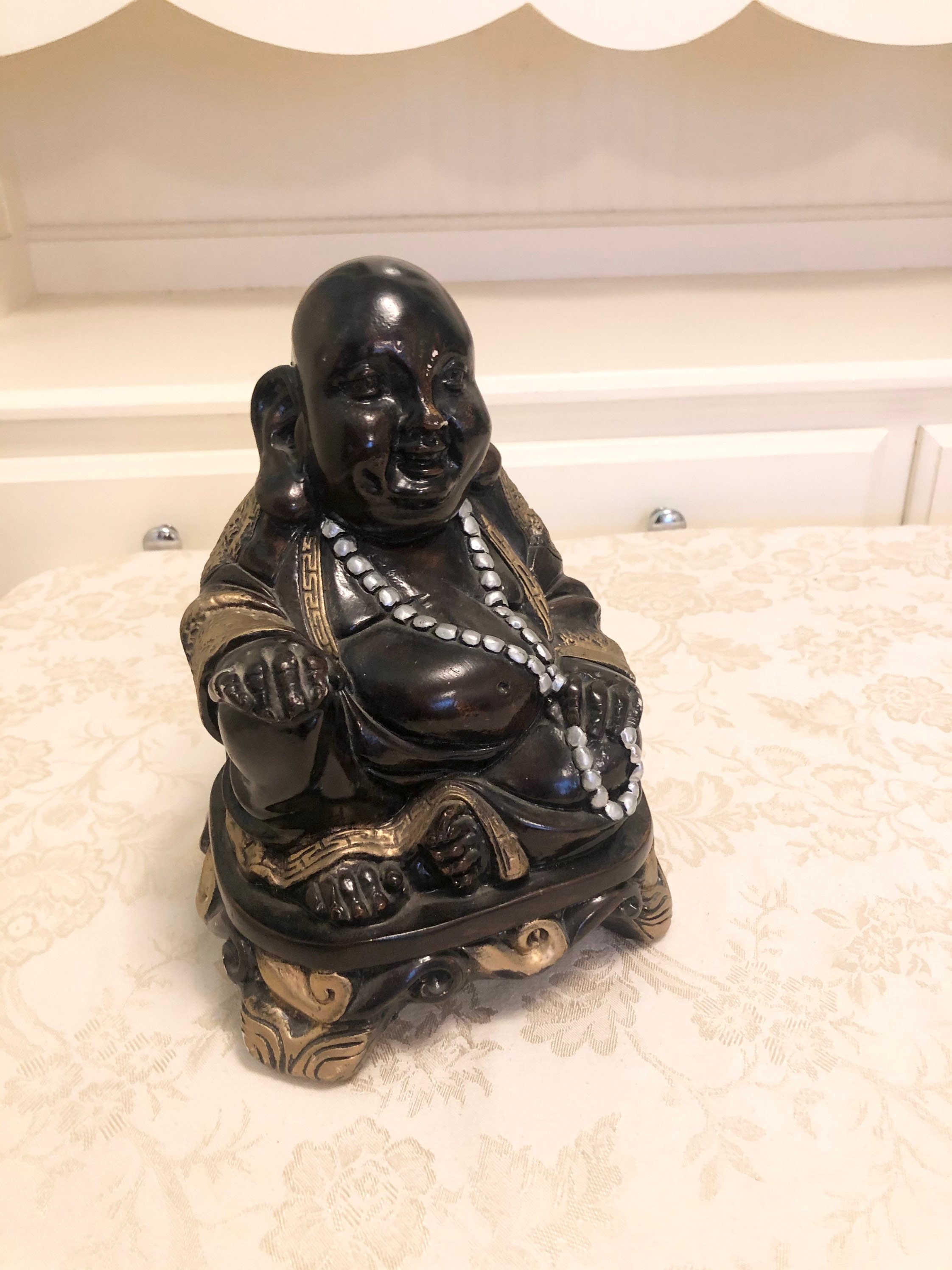 Vintage Buddha Statue With Black Gold and Silver Detail Beautiful