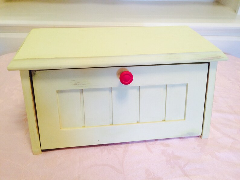 Distressed Wooden Bread Box Yellow And Red Cottage Image 0