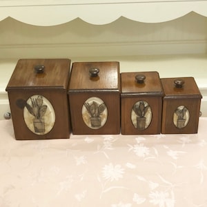 Wooden Canister Set With Unique Utensil Design Decor On The Front Decor Large Wooden Box Set Of Four Flour, Sugar, Coffee And Tea Food Jars