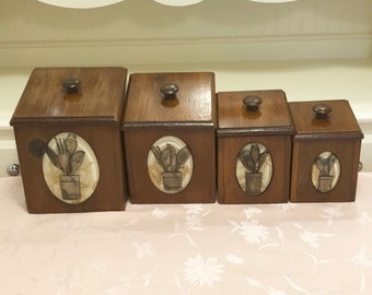 Wooden Canister Set With Unique Utensil Design Decor On The Front Decor Large Wooden Box Set Of Four Flour, Sugar, Coffee And Tea Food Jars