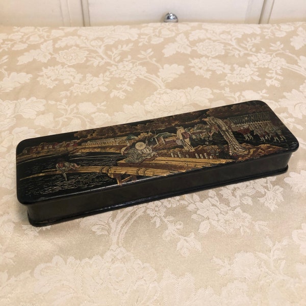 Antique Japanese Writers Box Black Lacquered Long Box Hand Painted Storage Box Long Mandarin Ink Well And Quill Storage