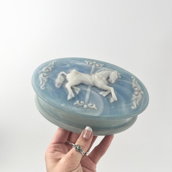 Antique Carousel Horse On Classic Soap Stone Trinket Jewelry Box Absolutely Stunning Box Box Sky Blue Box With Amazing Detail!