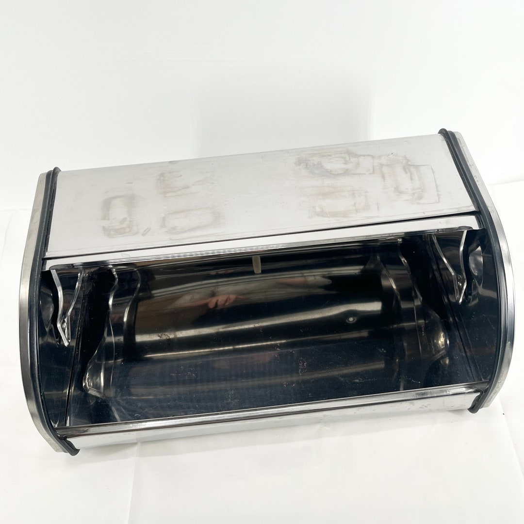 Vintage Stainless Steel and Black Bread Box. Tin Storage Roll Back