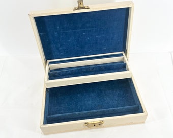 Vintage Cream With Gold Detail Jewelry Box Deep Storage With Top Level Layout Vintage Vinyl Box With Blue Felt Lining