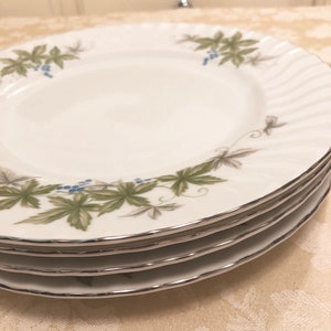 Garland Fine China Japan Dinner Plates Retro Green Garland With Blue Berries Floral With Silver Rim And Silver Detail Set Of 4 Rare Dinner