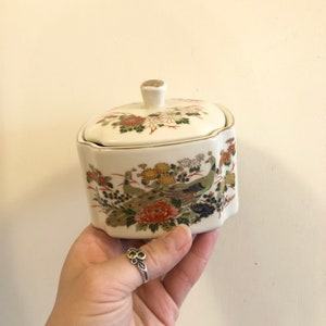 Vintage Ginger Jar Or Tea Caddy With Peacock Hand Painted Landscape On White Porcelain Antique Tea Canister With Peacock Made In Japan