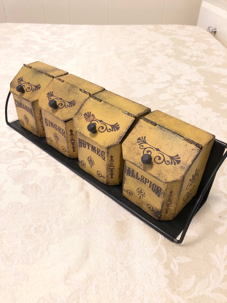 Tin Spice Jars With Tin Rack. Primitive Tin Kitchen Decor. Etsy