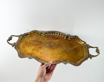 Antique Brass Tray With Elegant Raised Edges And Handles Side Edges Vintage Aged Brass In Large Tray Design