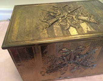 30s Brass Trunk Brass And Wooden Box Storage Bin Manly Gun Or Knife Storage Liberty Themed Torch Design Brass Wrapped Nailed On Brass
