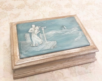Vintage Quilted Box With Bold Blue Soapstone Slab White Carved Over Blue Ocean Enamel Couples Sitting Together Decorated Lid With Natural Wo