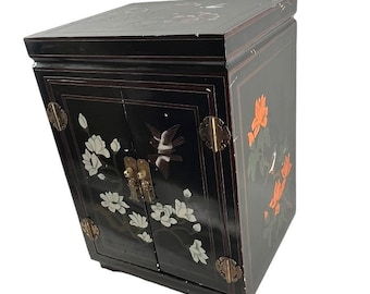 Oriental Black Lacquered Side Table Chest With French Doors Storage Bright Hand Painted Small Armoire Bed Side Cabinet