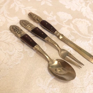 Nickel Bronze Siam Spoon Fork And Knife Set 3 Piece Mini Silverware Nickeled Bronze Small Hors d&#39;oeuvres Serving Set Appetizer Mini Set