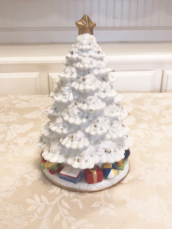 Retro White Christmas Tree With Music Box And Light Up Led Etsy