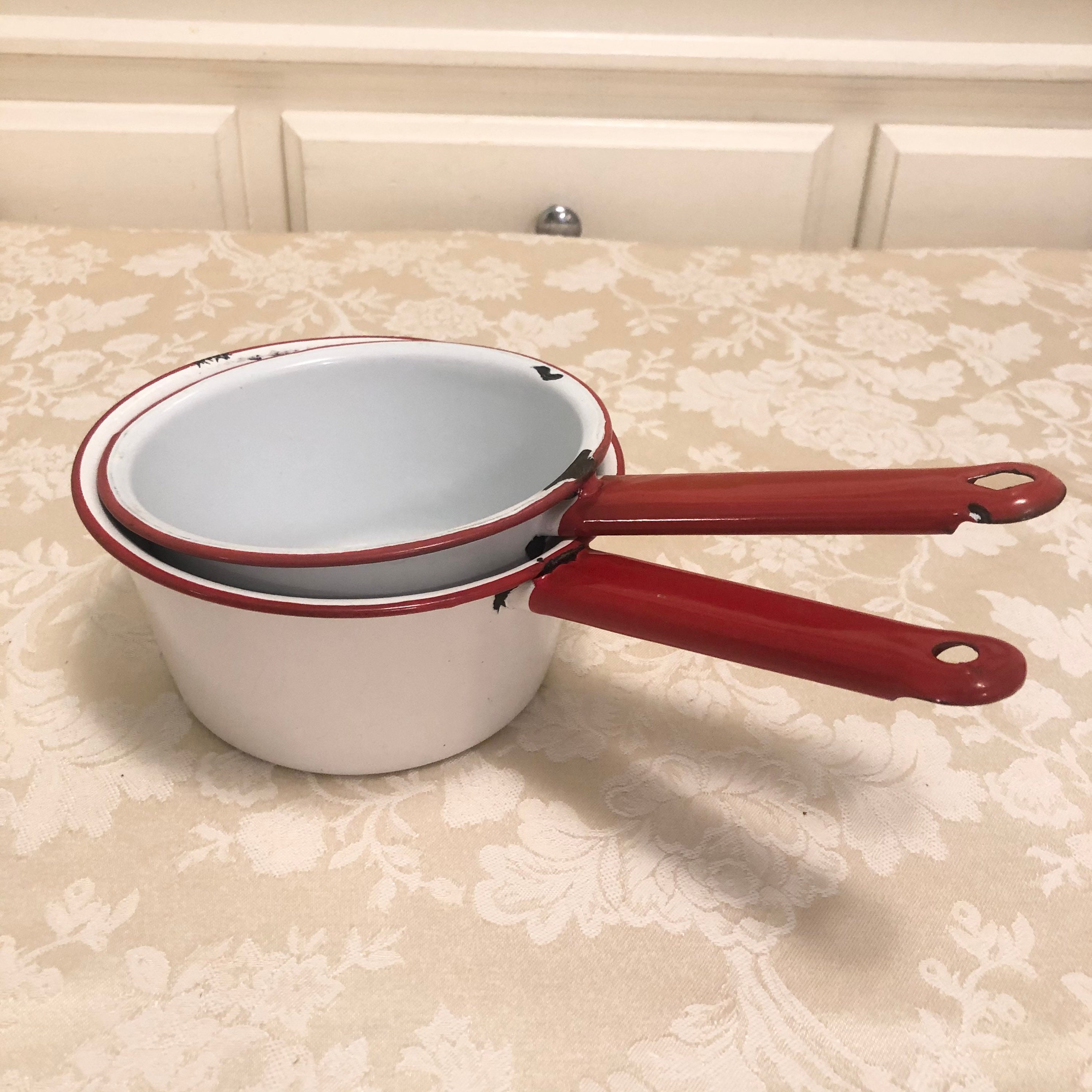 Vintage Enamelware Stock Pot White with Red Trim & Handle Rustic Farmhouse  W Lid