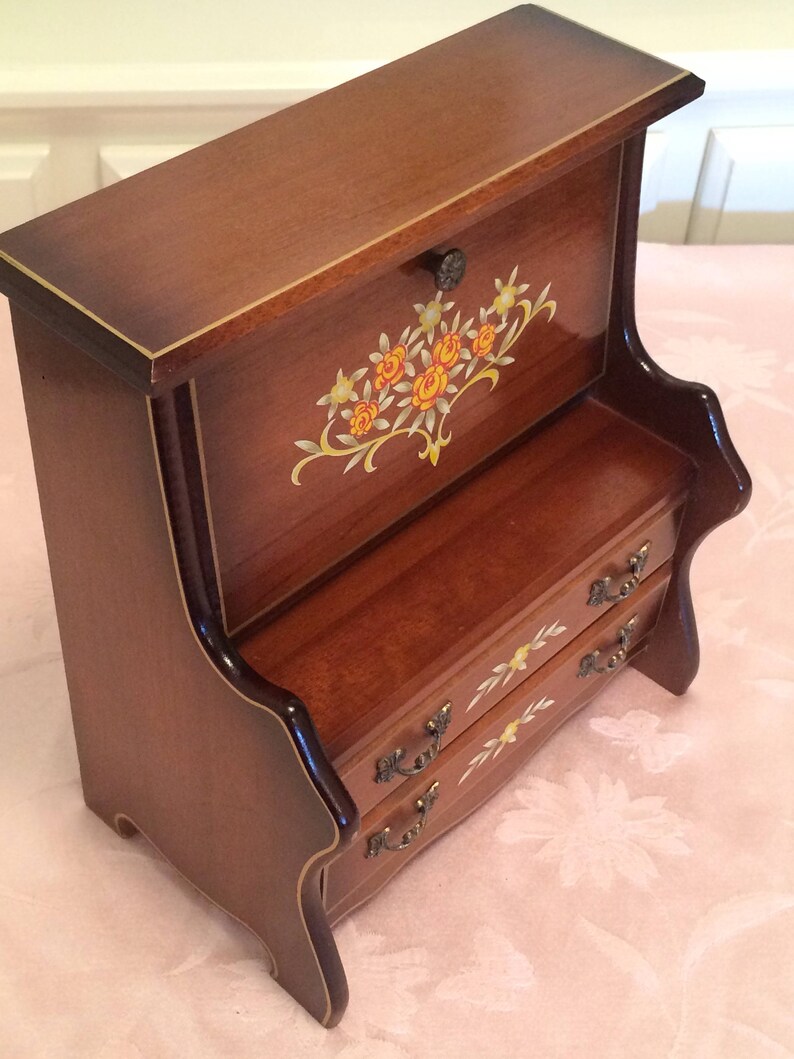 Wooden Writers Desk Look Jewelry Box In Dark Stain With Red Etsy