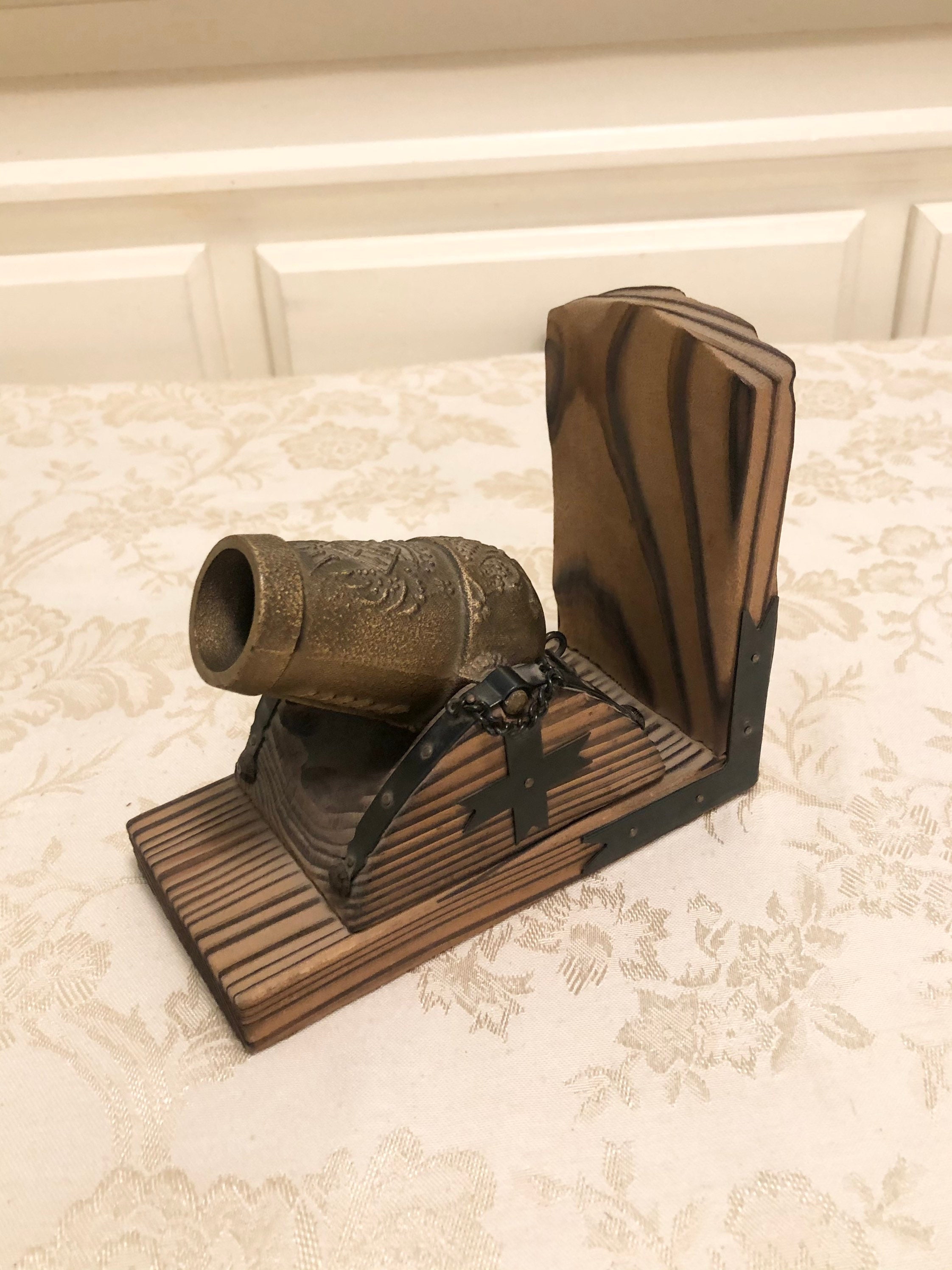 Metal Canon Bookend Display 1970S Wooden L Shaped Holder With Inside Decor Ship Theme