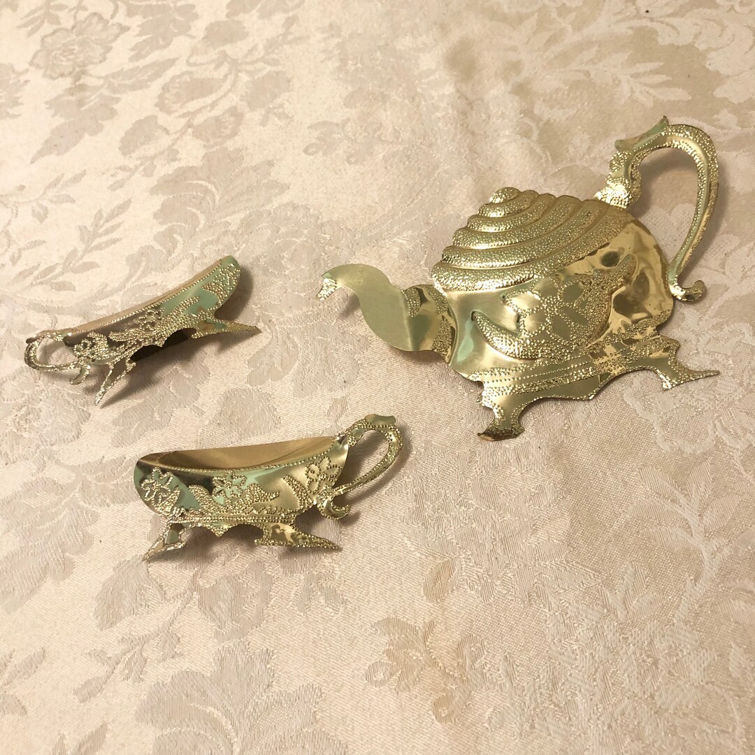 3 Piece Teapot Wall Decor Tea Party Wall Hanger. Brass Room Decoration