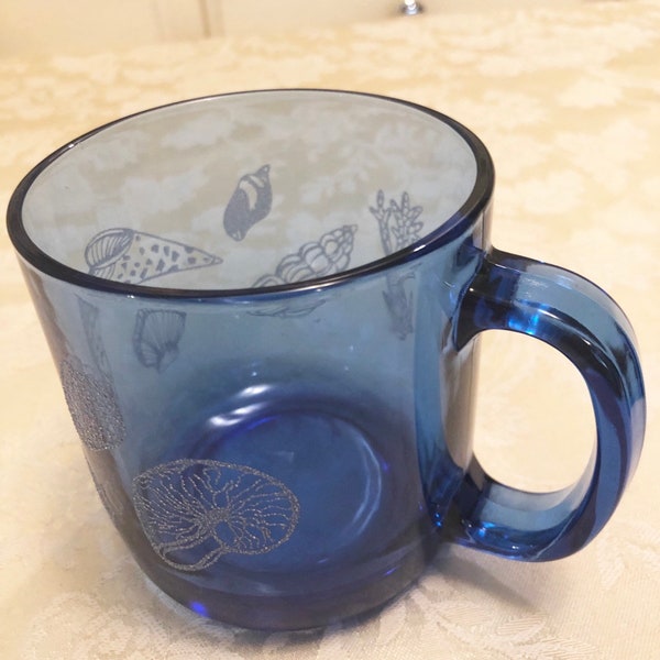 Rare Cobalt Blue Mug Large Soup Or Coffee Mug. Glass Mug With Amazing Shell Designs. Beautiful Textured Glitter Glaze. Elegant Cobalt Mug