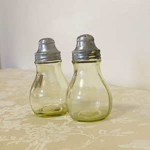 Antique Aluminum And Green Glass Salt And Pepper Shaker Set Atomic Modern Kitchen 40s 50s Glass And Metal Shakers Uranium Green Glass