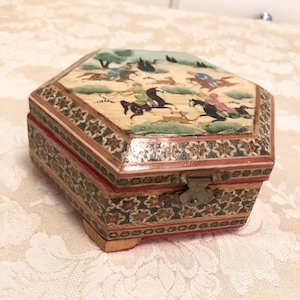 Antique Carved Wooden Box Hand Painted Jewelry Chest Storage Box Wooden Box Bright Red Felt Inside Detailed Box