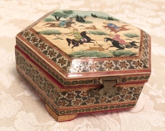 Antique Carved Wooden Box Hand Painted Jewelry Chest Storage Box Wooden Box Bright Red Felt Inside Detailed Box
