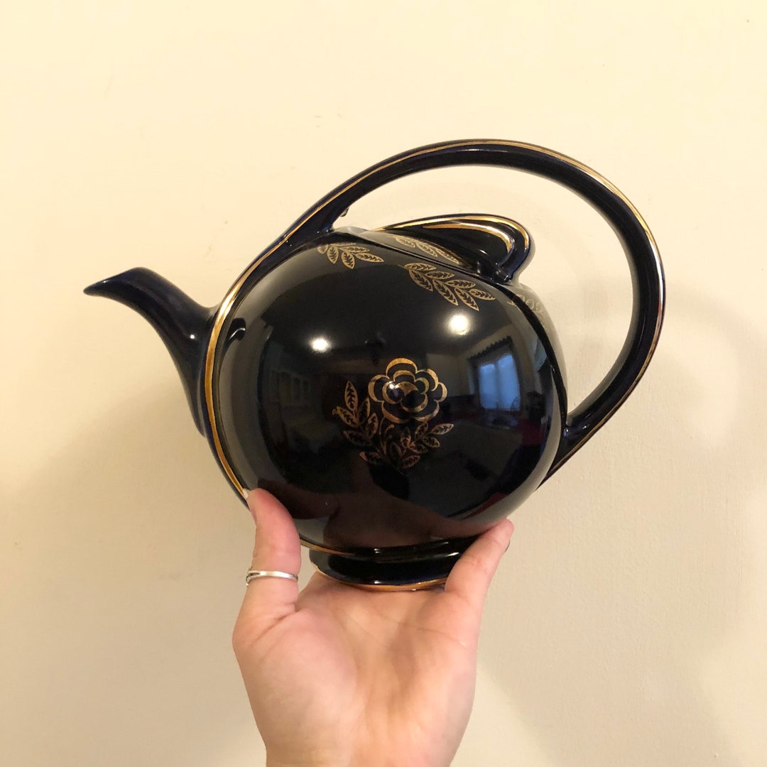 Antique Hall Pottery USA Teapot With Gold Trim on Dark Blue Finish