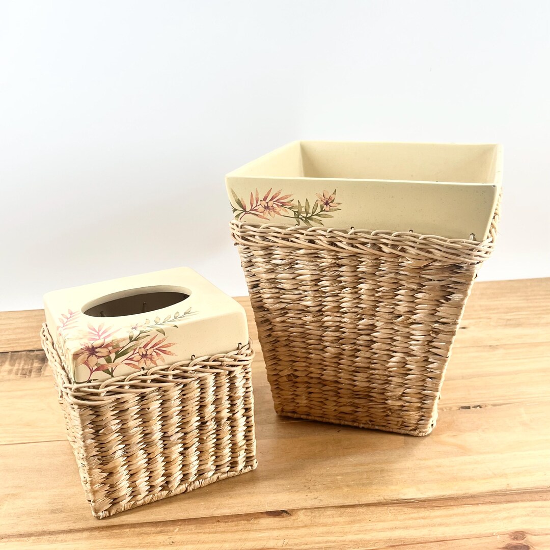 Vintage Bathroom Trash Can Tissue Box Cover 2 Piece Bathroom Matching ...