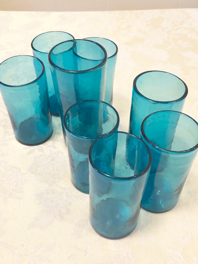 8 Handblown Turquoise Glasses. 8 Glass Tumblers Retro Blue Etsy