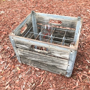 Antique Milk Crate With 1 Milk Glass Bottle Wooden Crate Galvanized Metal Sides With Top Prongs To Stack Crates The White Way Dairy Iron Riv